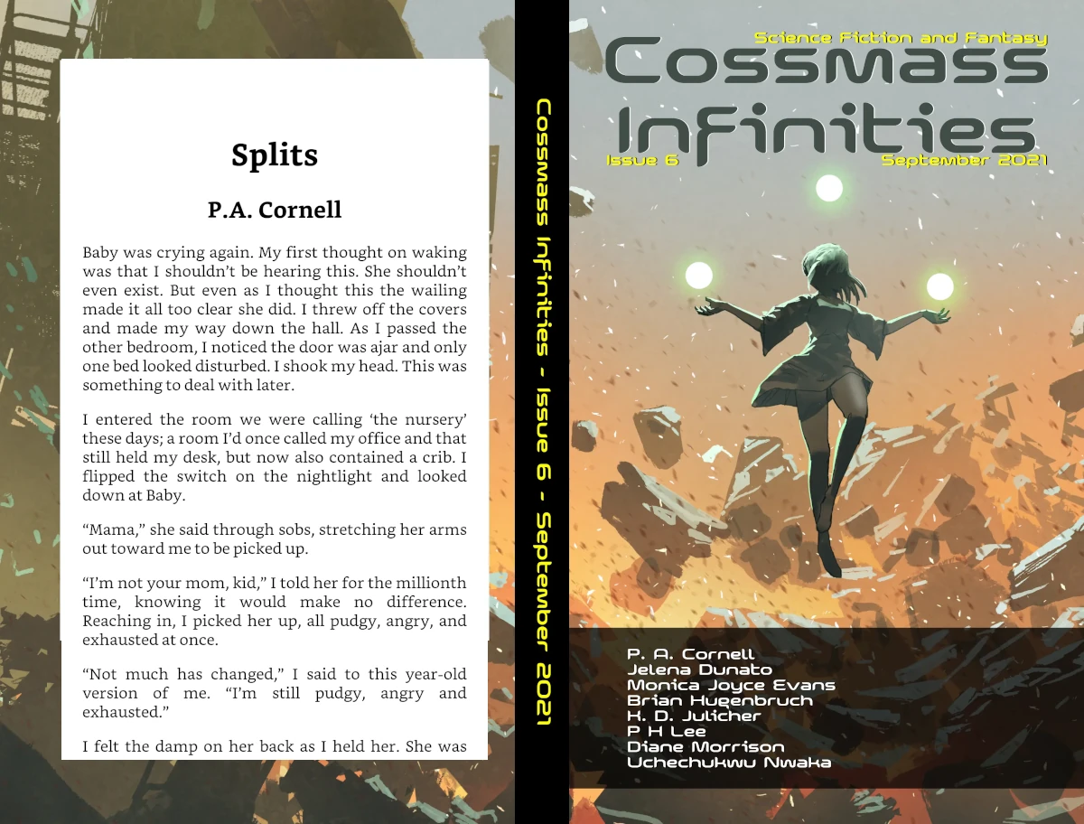 The cover of Cossmass Infinities Issue 6 on the right-hand side, with the opening paragraphs of Splits on the left.