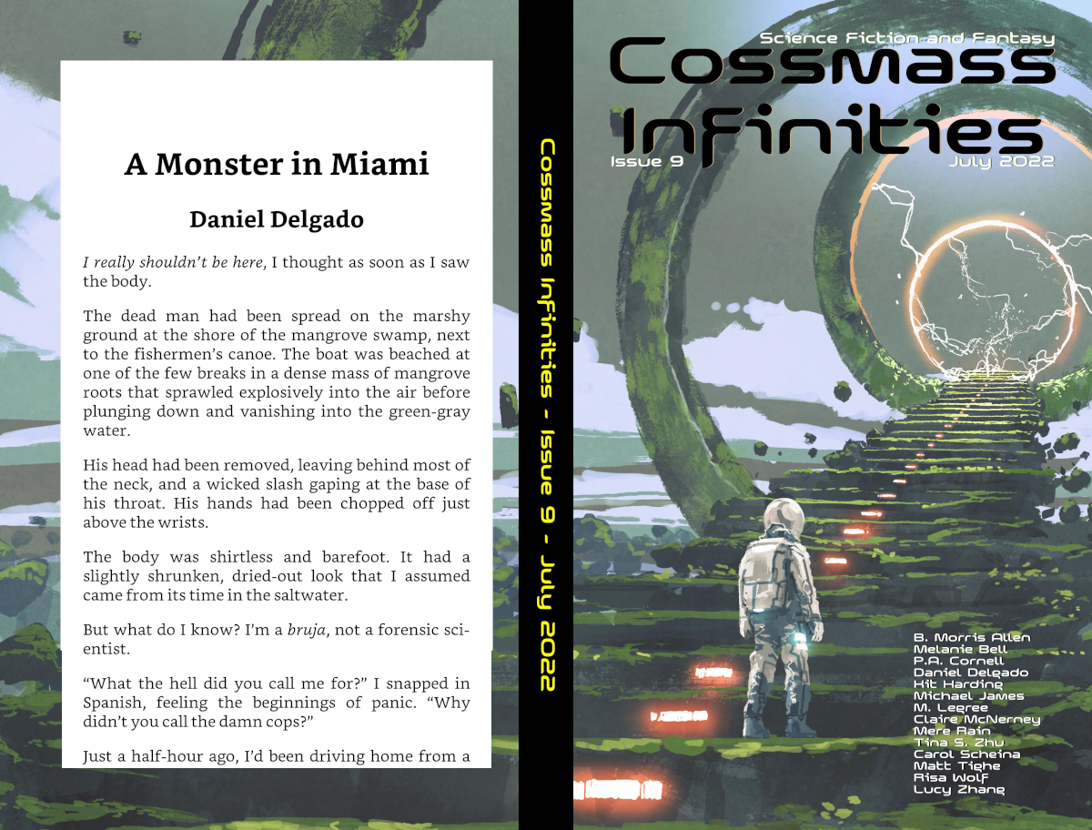 The cover of Cossmass Infinities Issue 9 on the right-hand side, with the opening paragraph of A Monster in Miami on the left.