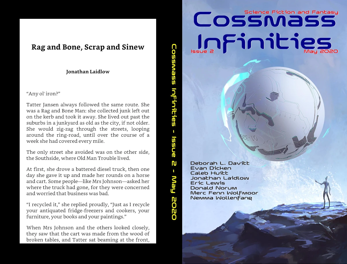 The cover of Cossmass Infinities Issue 2 on the right-hand side, with the opening paragraphs of Rag and Bone, Scrap and Sinew on the left.